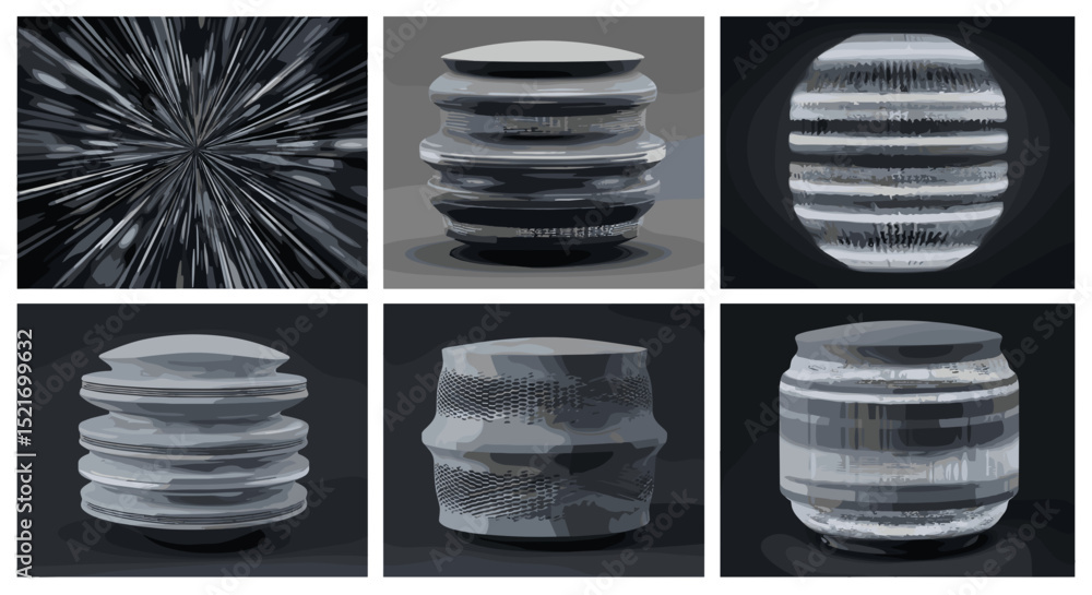 Poster a collage of six images showing abstract designs and cylindrical objects in grayscale tones and text
