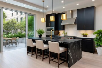 Fototapeta premium Modern kitchen opening onto a beautiful garden with black marble island and gold pendant lights