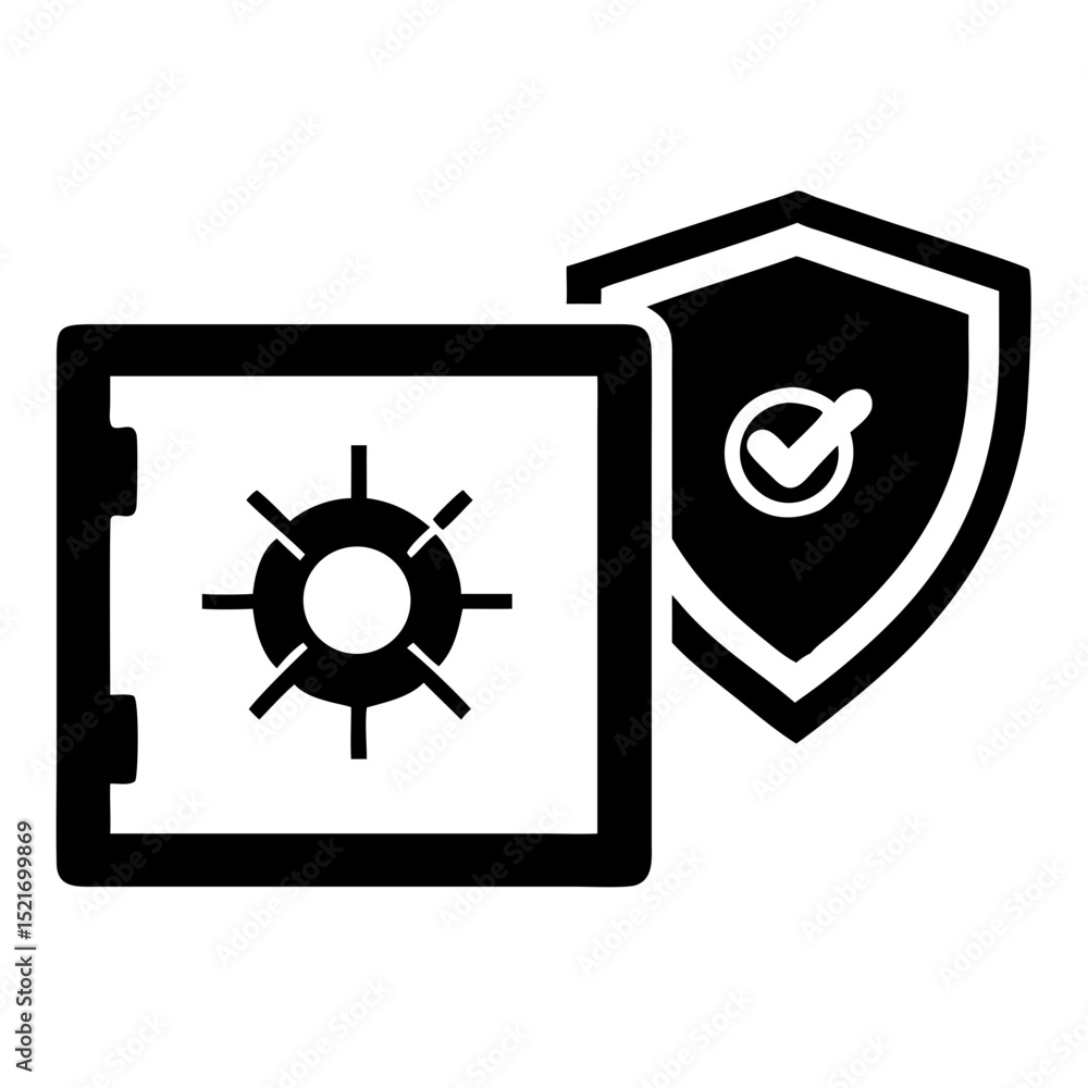 Poster secure safe deposit box with protective shield and check mark. safe deposit box symbolizes security 