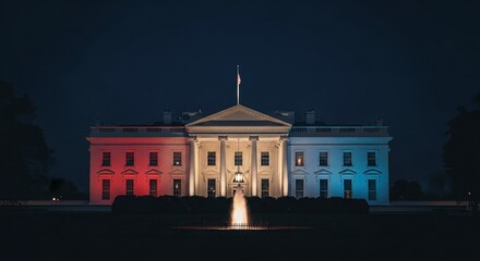 The White House illuminated with French flag colors at night. Concept of international relations and diplomacy.