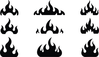 Collection of nine black flame icons for design projects