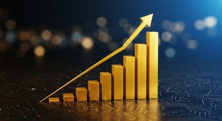 Golden bar graph visualizing growth and success against a futuristic technology background