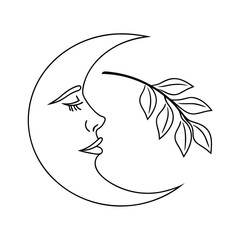 Elegant line art illustration of crescent moon face with branch of leaves in modern style
