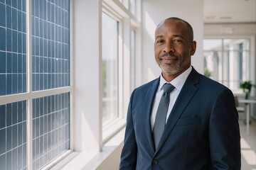 confident african man in suit standing near large  windows with solar panels reflecting on modern office background promoting renewable energy awareness