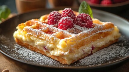 Delicious waffle with raspberries and powdered sugar on dark plate. Showcase tasty dessert for menus, blogs, or social media platforms.