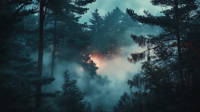 Misty forest scene with tall trees reaching into the sky during the dusk.