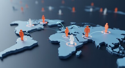 Global network connection represented by orange and white people icons on a world map