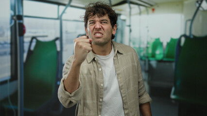 Hispanic man expressing anger inside a bus with his fist raised, portraying emotion in a public transport setting. © Krakenimages.com