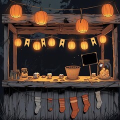 cozy autumn nighttime festival carnival booth decorated with glowing pumpkin lanterns, hanging stockings, and rustic wooden elements