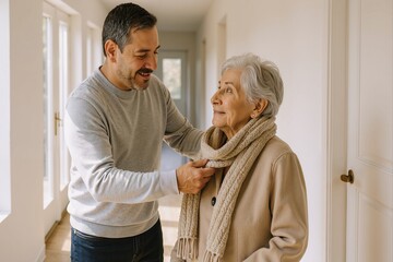 Fototapeta premium caring man assisting elderly woman with a scarf in a bright hallway, showcasing warmth and support for senior citizens in a domestic setting