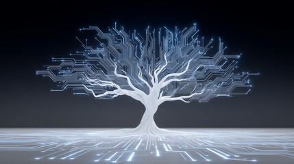 Futuristic tree rooted in silicon node, metallic branches extend over glowing circuit matrix