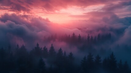Misty evergreens at dawn: a serene forest landscape bathed in pink light.