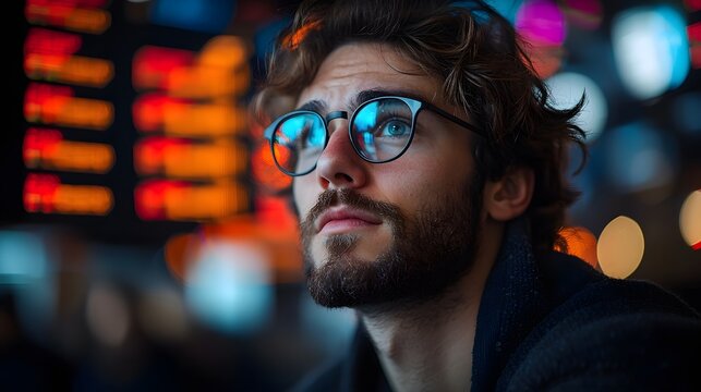 Young investor blindly following social media tips losing money as charts crash behind them