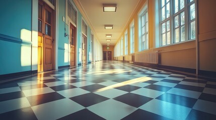 Empty school corridor with a checkered floor and sunlight streaming through the windows in morning light 