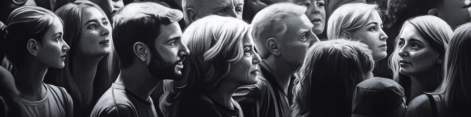 Faces in a grayscale crowd drawing, public interaction captured