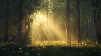 Fototapeta premium Sunlight piercing through trees, illuminating a flower-filled forest glade