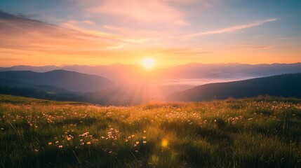 Obraz premium Sunrise over a grassy hill with mountains in the background.