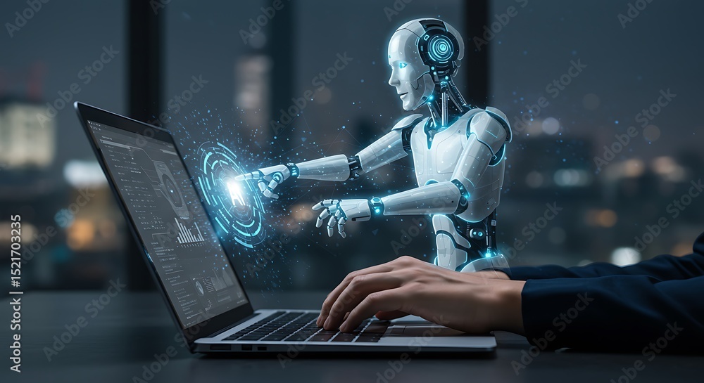Poster futuristic collaboration between human and artificial intelligence on laptop interface in modern set
