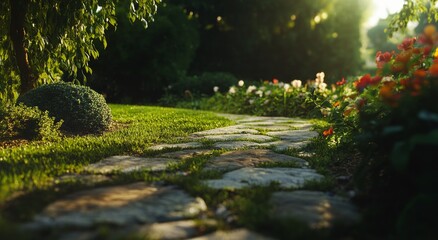 Naklejka premium Stone Pathway Leads Through Vibrant Garden in the Golden Glow of Afternoon Sunlight