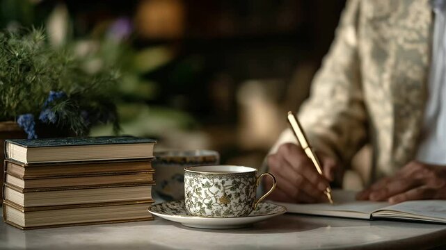 A quiet moment of reflection with writing and tea