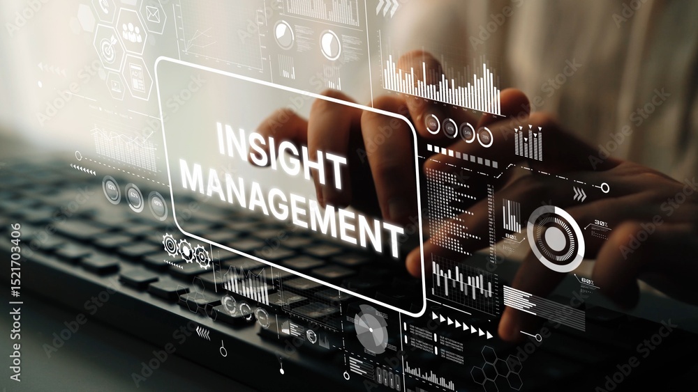 Poster insight management technology concept with digital interface and data analysis for business decision