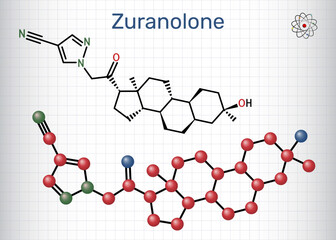 Zuranolone molecule. Neuroactive steroid used in the treatment of postpartum depression. Sheet of paper in a cage