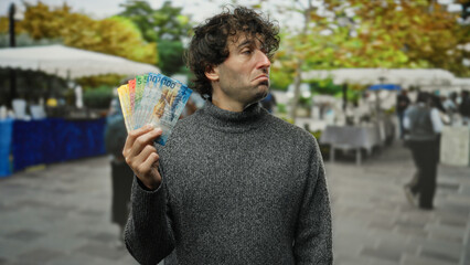 Hispanic man holding swiss franc banknotes on a city street, displaying an expression of...