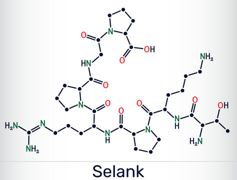 Selank molecule. Synthetic heptapeptide with anxiolytic and neuroprotective properties. Skeletal chemical formula