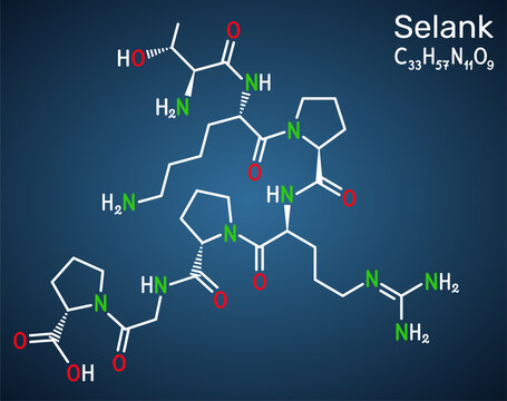 Selank molecule. Synthetic heptapeptide with anxiolytic and neuroprotective properties. Skeletal formula, dark blue background