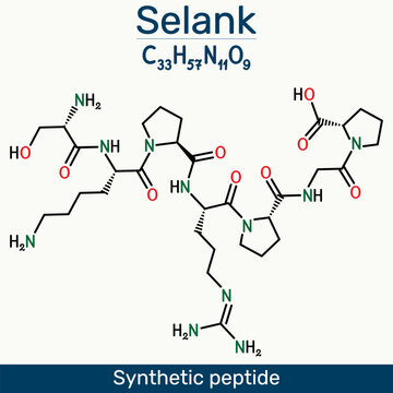 Selank molecule. Synthetic heptapeptide with anxiolytic and neuroprotective properties. Skeletal chemical formula