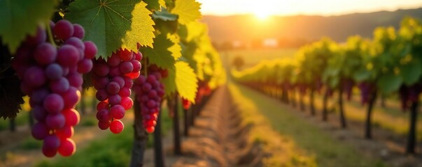 Sun-drenched rows of ripe grapes hanging heavy on the vine, ready for harvest at a picturesque winery Golden hour light illuminates the lush vineyard landscape , vine, agriculture, scenic