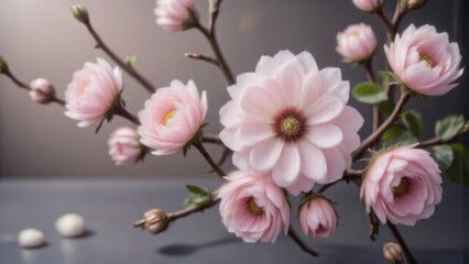 Obraz premium Pale Pink Flowers Still Life: Elegant Floral Arrangement with Delicate Blossoms in Soft Lighting, Perfect for Spring or Wedding Imagery