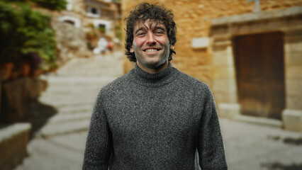 Obraz premium Man smiling outdoors in a rustic city street, wearing a casual sweater, with a warm and inviting expression, surrounded by picturesque architectural elements and natural beauty.