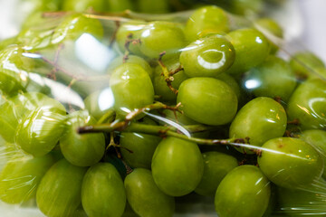 wrapped white grapes on sale at the market