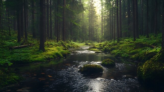 A peaceful stream winds through a dense forest bathed in soft sunlight.
