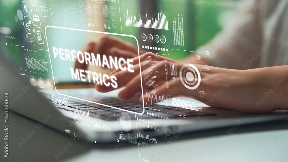 Poster detailed view of hands typing on laptop with performance metrics data overlay in modern office envir