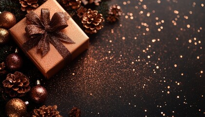 Festive hot chocolate with golden glitter and pine cones arranged on a dark surface during the winter season