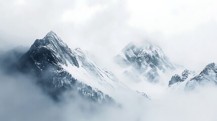 Snow-covered mountain peaks piercing through a sea of clouds.