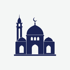 Explore this minimalist mosque silhouette in solid dark blue, featuring a central dome, crescent moon, elegant minaret, and arched doorway.