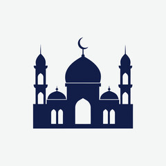 Explore this minimalist mosque silhouette in solid dark blue, featuring a central dome, crescent moon, elegant minaret, and arched doorway.