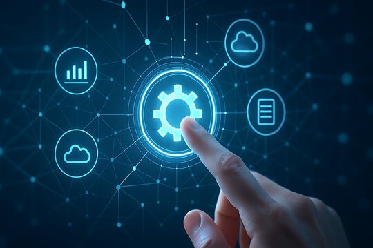 Finger touching gear icon with cloud and graph icons on a blue background