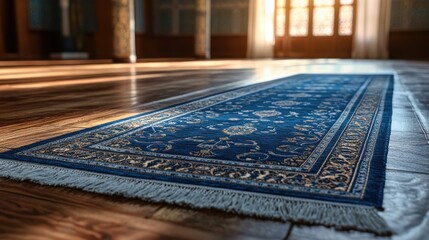 Prayer rug on wooden floor, sunlight