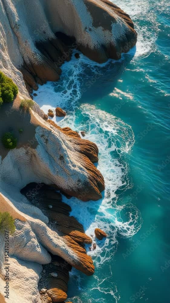 Poster aerial view of rugged shoreline with cliffs and sea
