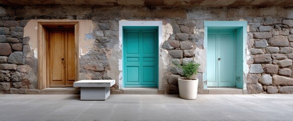Naklejka premium Three teal and brown doors in a stone wall. A light gray bench sits between the doors