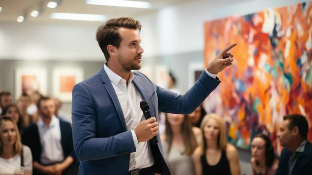 male presenter speaking into microphone, lecturer, auction, art critic, lecture, sale of paintings, performance, art, concert, stand up