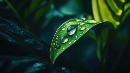 Close-up macro shot of a dewdrop on a leaf, emphasizing intricate details and reflections amidst lush greenery, producing a magnified beauty effect