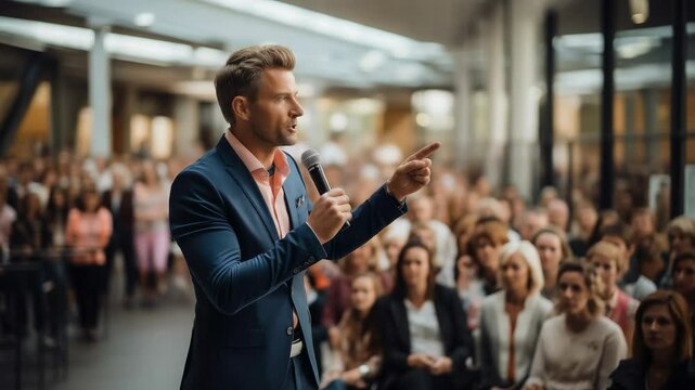 male presenter speaking into microphone, lecturer, auction, art critic, lecture, sale of paintings, performance, art, concert, stand up
