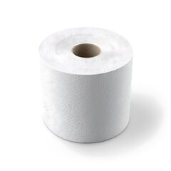 Roll of white soft absorbent paper on plain background with soft shadow.