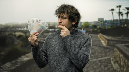 Hispanic man holding czech koruna banknotes thoughtfully on a city street outdoors, contemplating...