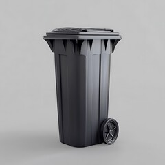 Dark roll-out container for waste disposal with lid and wheels, simple background.